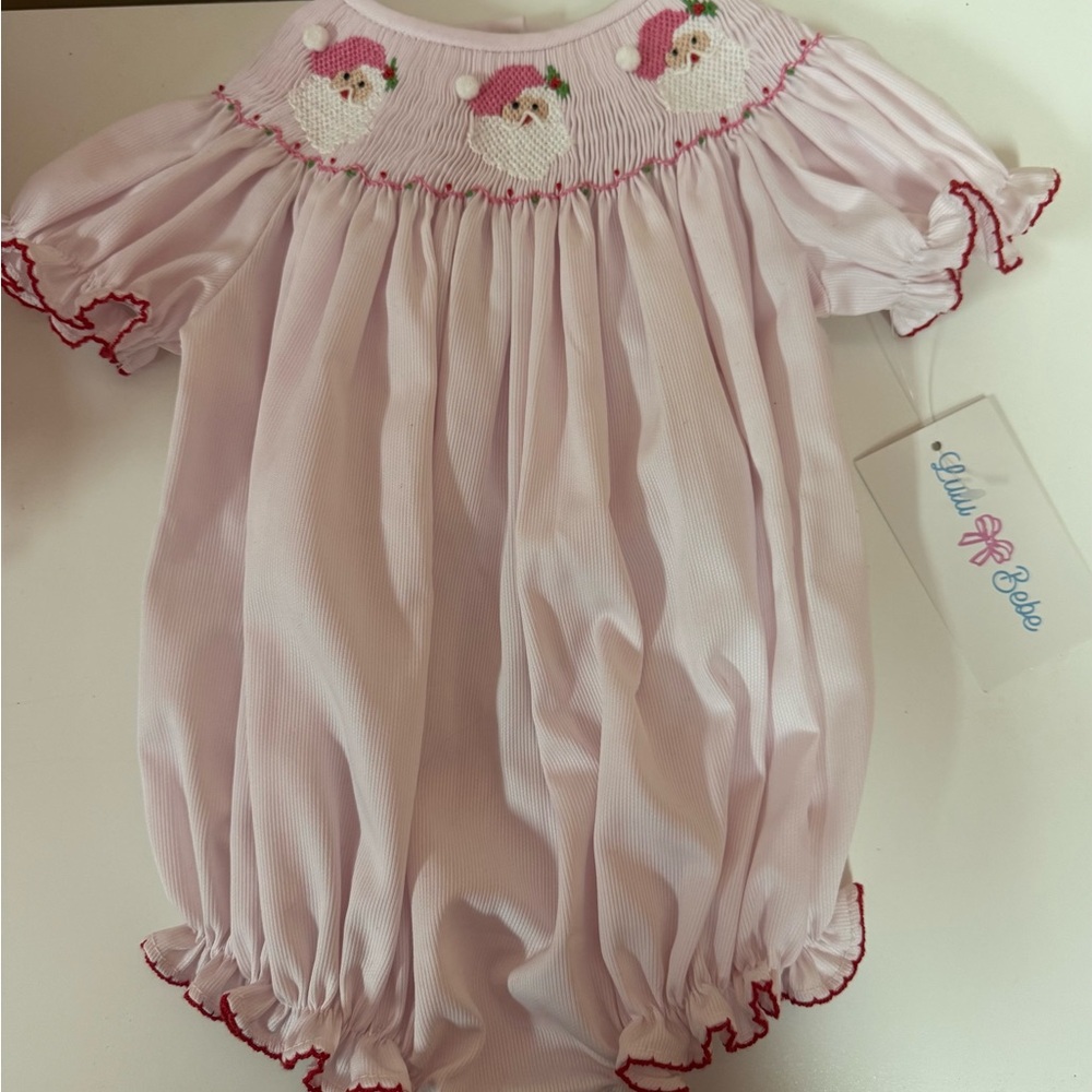 Lulu Bebe Pink Santa Smocked Baby Romper